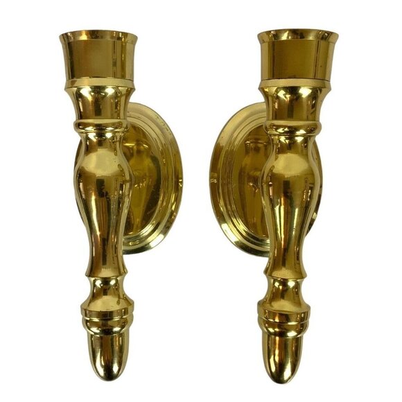 Solid Shiny Brass Sconces Candleholders Pair Wall Mount Gold Made in India Vtg - Picture 1 of 7
